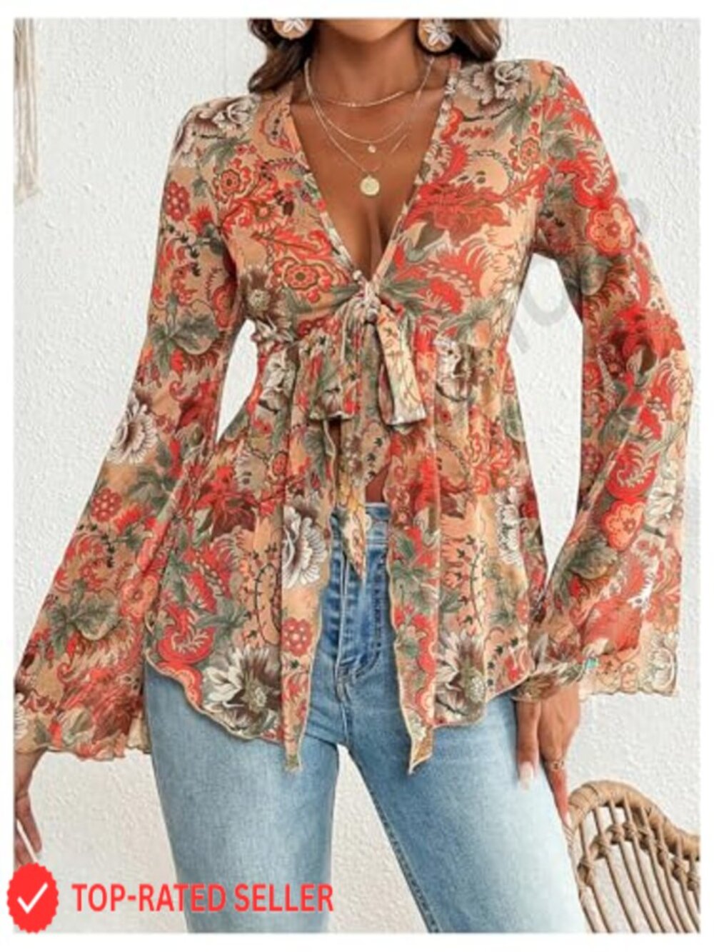 Bell Sleeve Top Tie Front Mesh V Neck Ruffle Peplum Blouse Sheer Long Sleeve - Picture 6 of 6